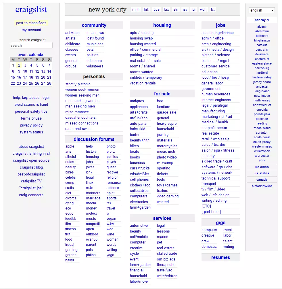 Página de inicio de la página de compraventa Craigslist