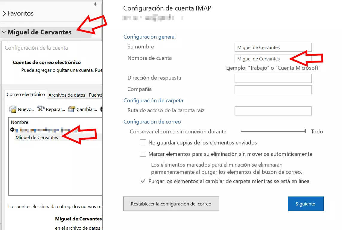 Cambiar remitente de Outlook: modificar la descripción de cuenta 