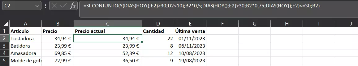 Función SI.CONJUNTO en una tabla de Excel