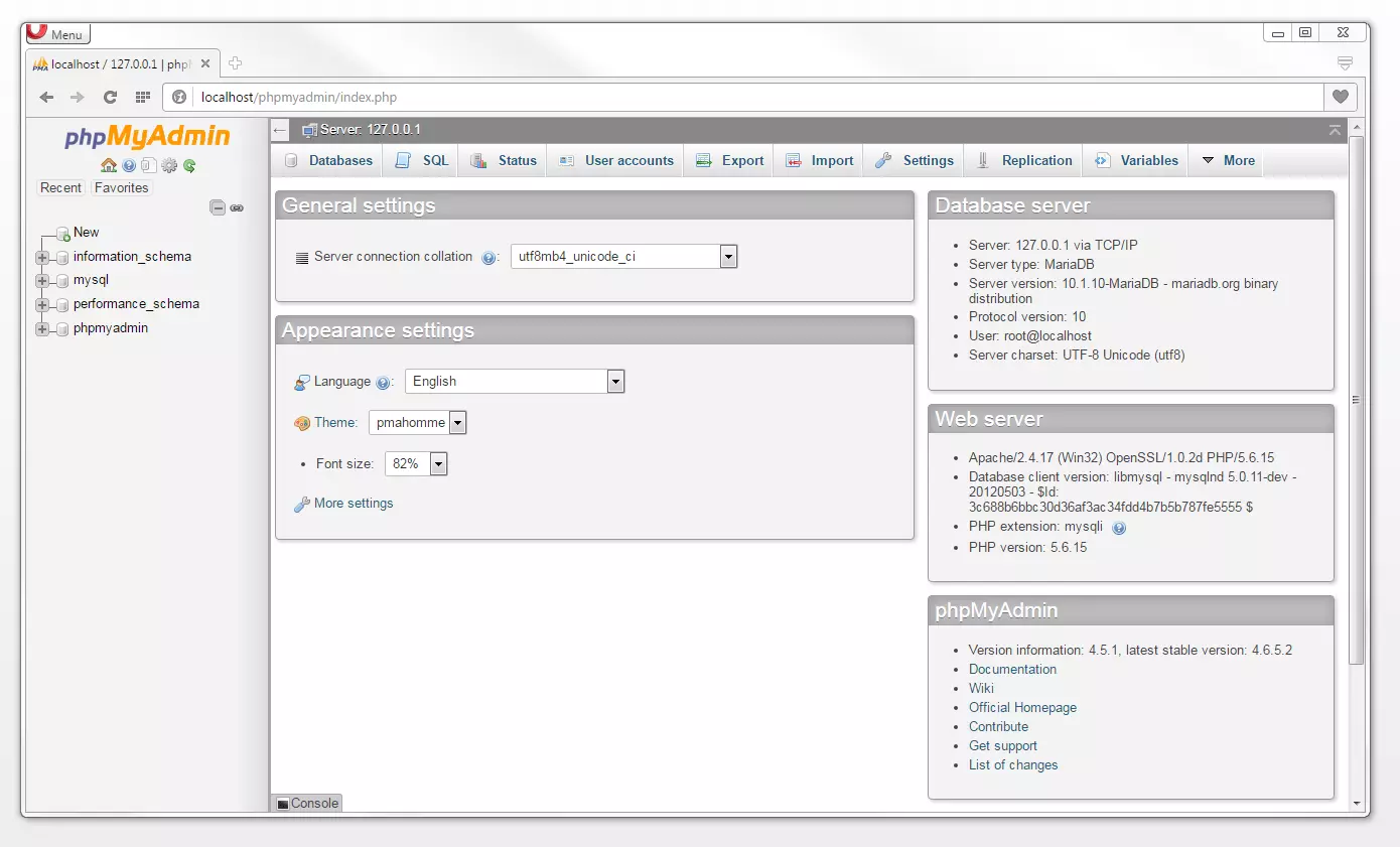 Página principal del software de administración de MySQL phpMyAdmin