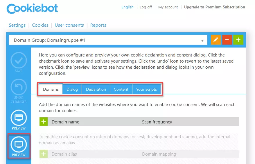 Página web de Cookiebot - Asistente de configuración