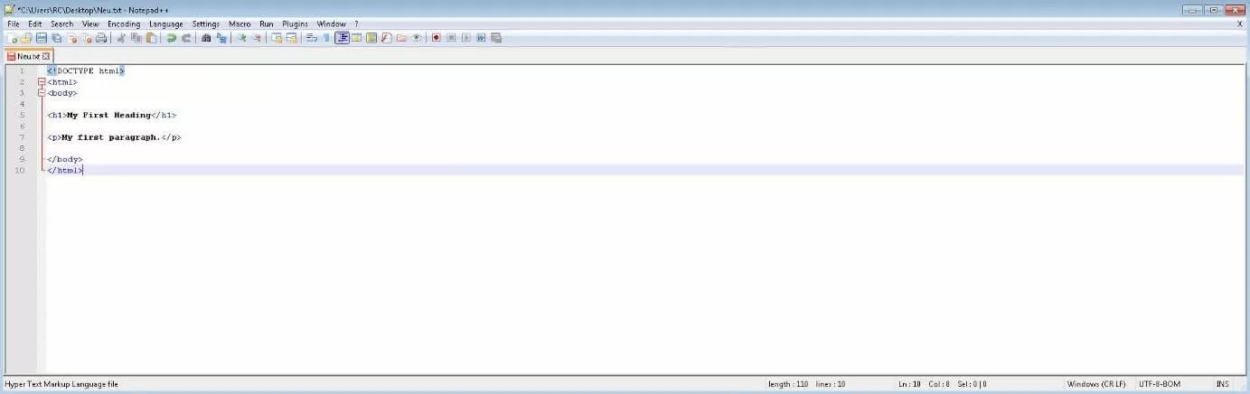 Ejemplo de documento HTML en Notepad++