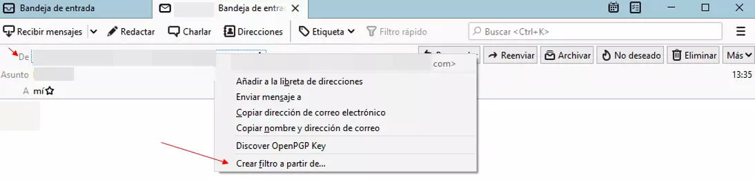 Thunderbird: opción “Crea filtro a partir de…”