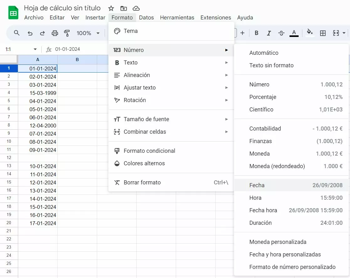 Captura de pantalla de la pestaña formato en Google Sheets