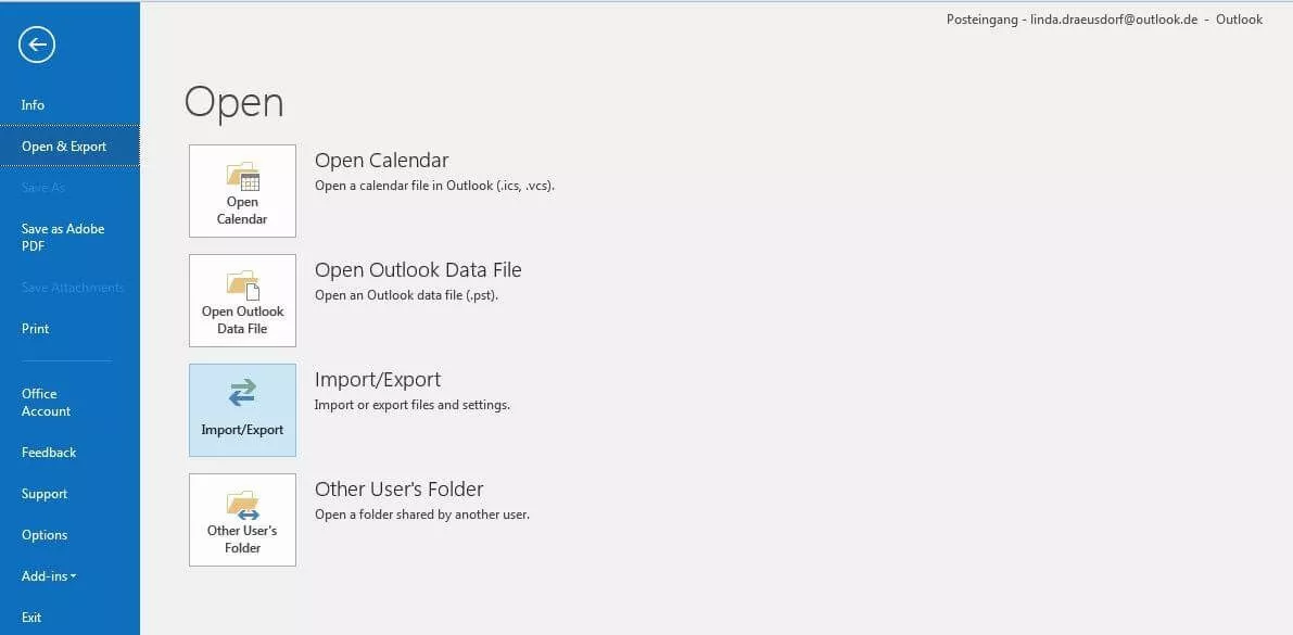 Submenú “Abrir y exportar” en Outlook 2016