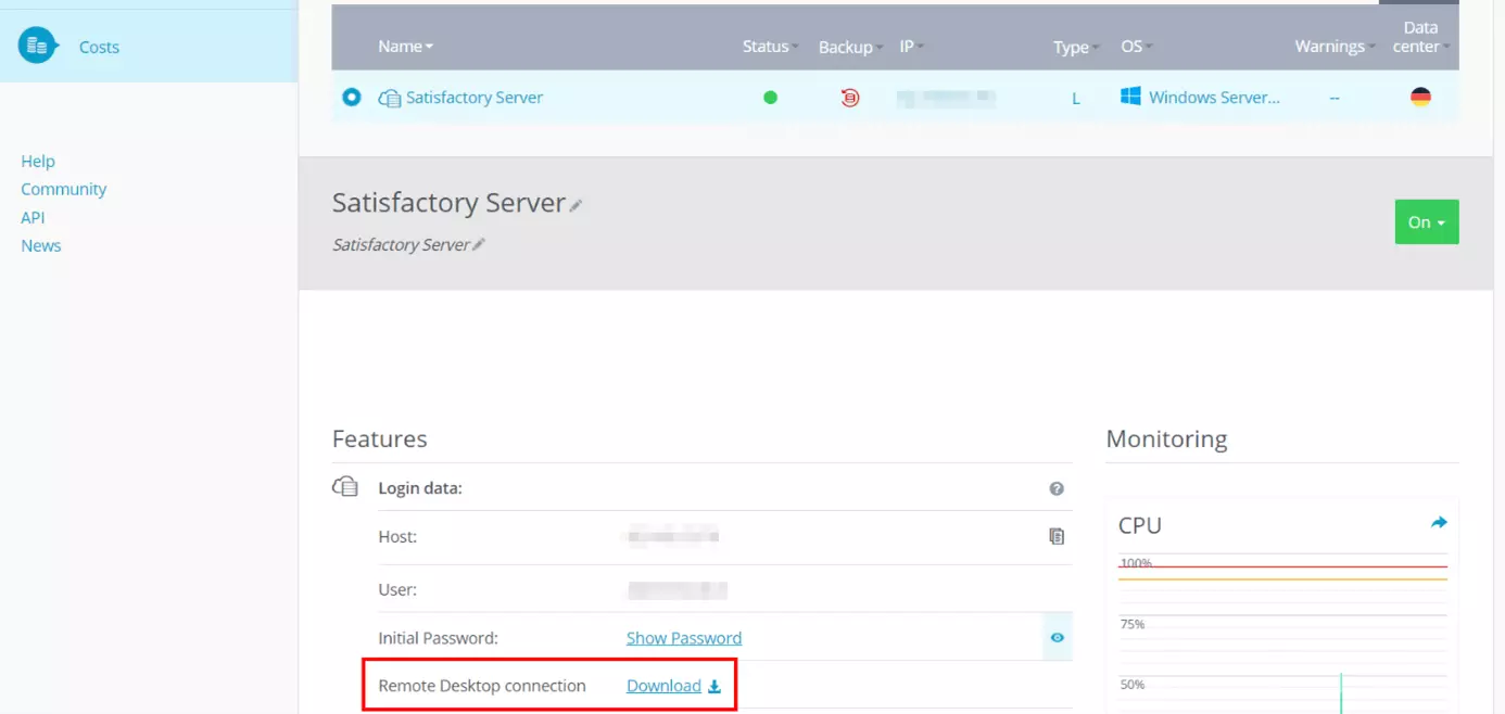 IONOS - Cloud Panel: vista general sobre los datos de acceso del servidor