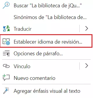 Función de selección Establecer el idioma de revisión… en Word online