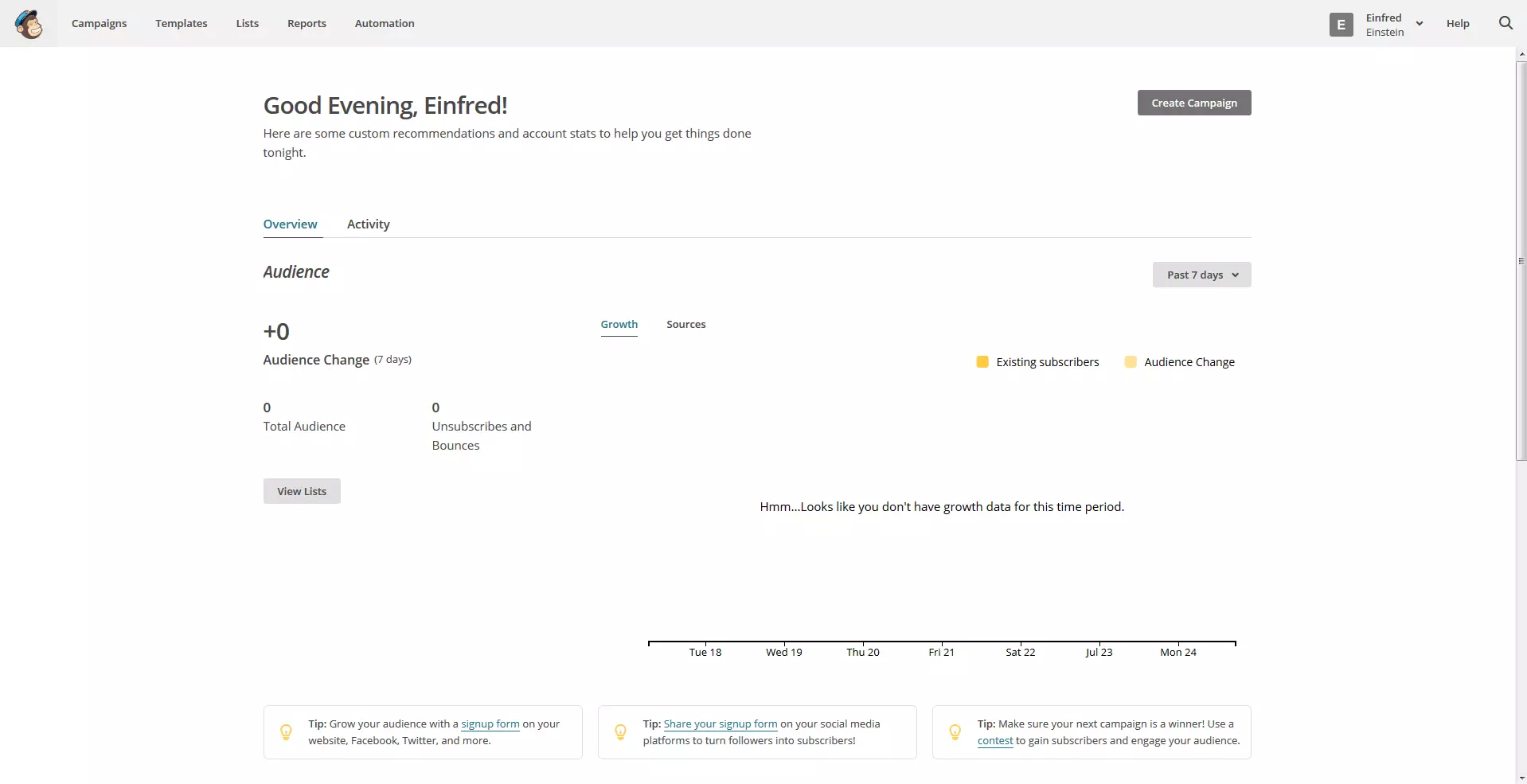 Pantalla de resumen de MailChimp