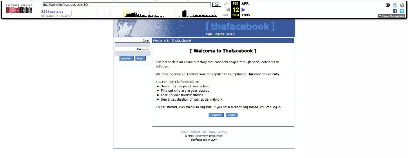 Página de inicio de sesión de Thefacebook del 12 de febrero de 2004 en la Wayback Machine