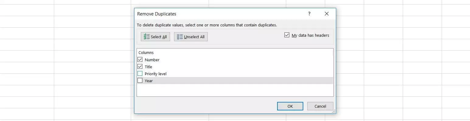 Cuadro de diálogo “Quitar duplicados” en Excel 2016