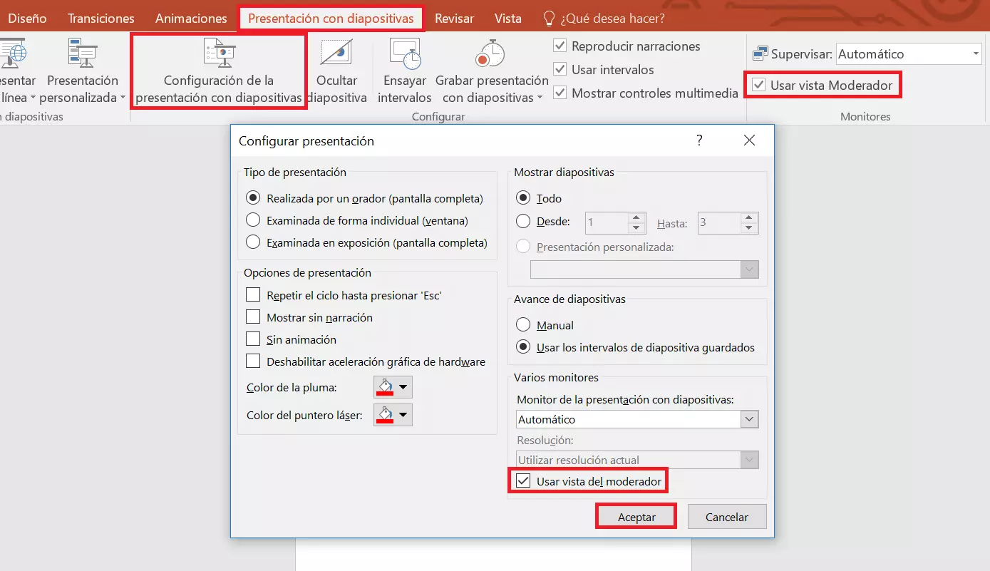 PowerPoint: “Configuración de la presentación con diapositivas”.