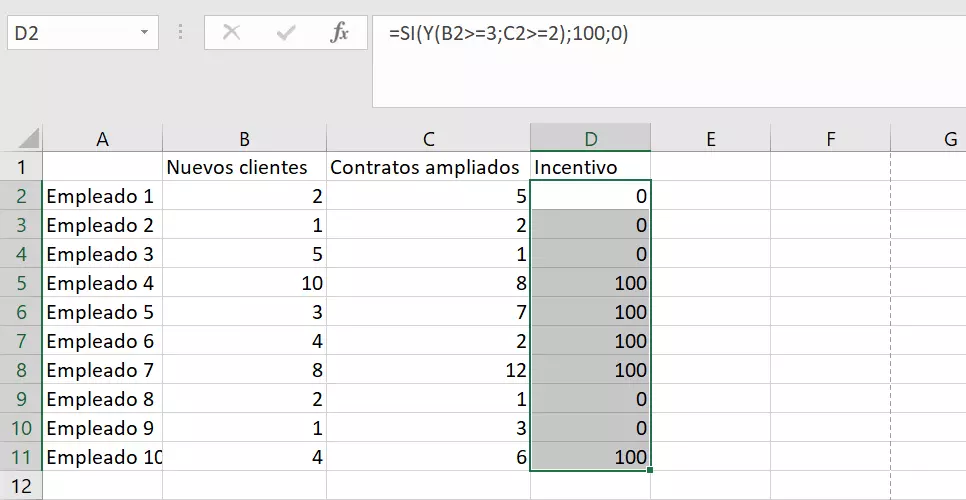 Tabla de Excel de ejemplo con valores de retorno.