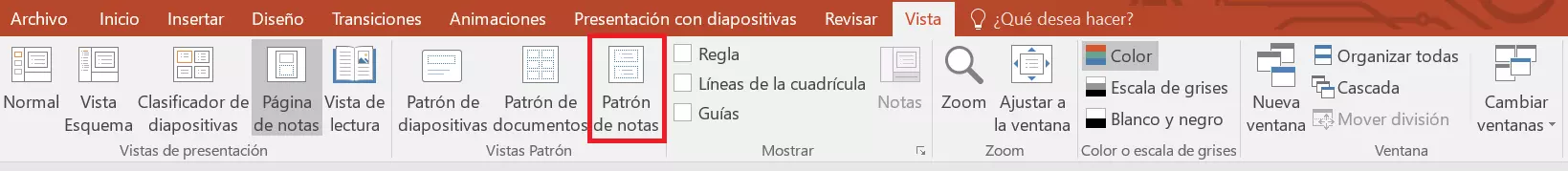 PowerPoint: abrir “Patrón de notas”