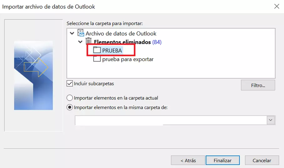 Asistente: selección de archivo de datos de Outlook con opciones de importación