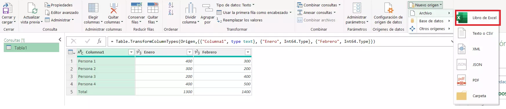 Ve a “Nuevo origen” e importa la segunda tabla a través de “Archivos” y “Libro de Excel”