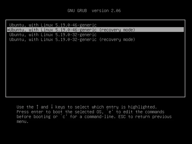 Modos de recuperación de GRUB para los núcleos instalados