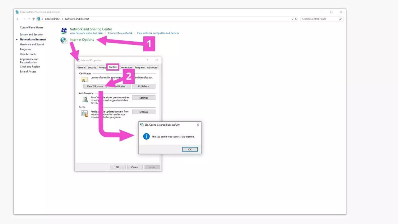 Panel de control de Windows: eliminar el caché SSL