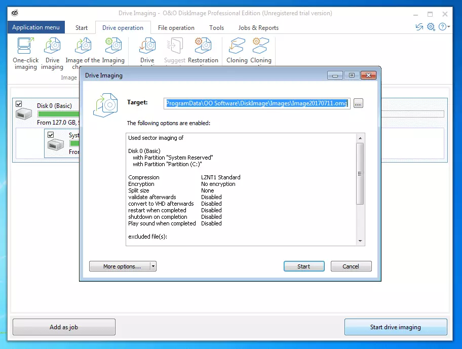 O&O DiskImage Professional 11.0: menú de selección del medio de destino