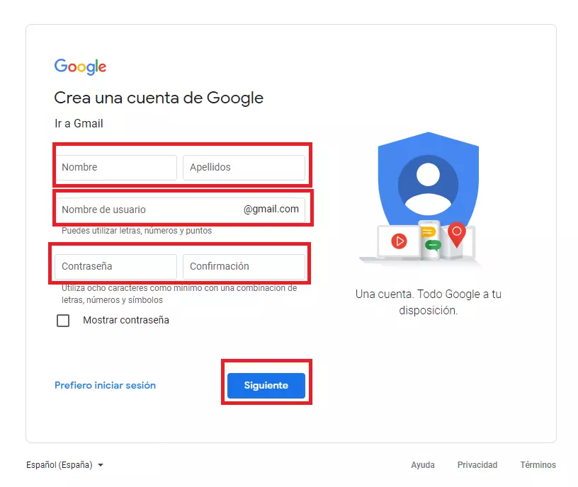 Página para crear una cuenta de Google