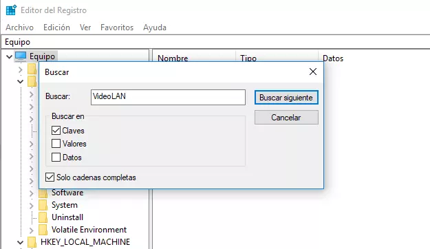 Regedit: ejemplo de búsqueda del término “VideoLAN”.