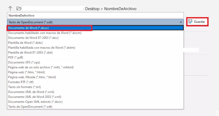 Convertir archivos ODT guardándolos en formato DOCX