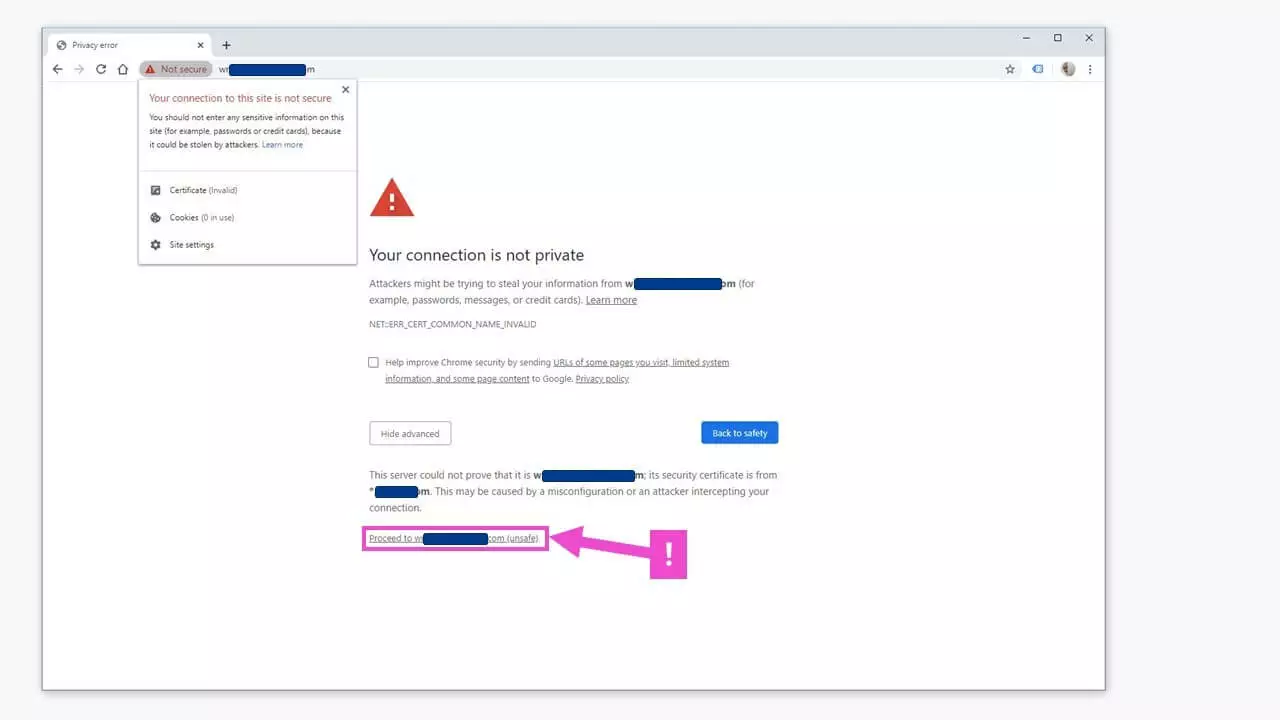 Mensaje de error ERR_CERT_COMMON_NAME_INVALID: opción de acceder al sitio web no seguro