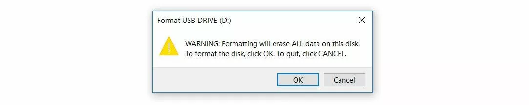 Aviso en Windows 10: eliminación de los datos al formatear una unidad USB