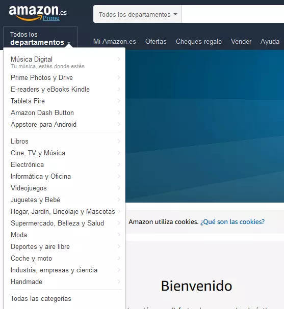 Captura de pantalla de un menú desplegable en amazon.es