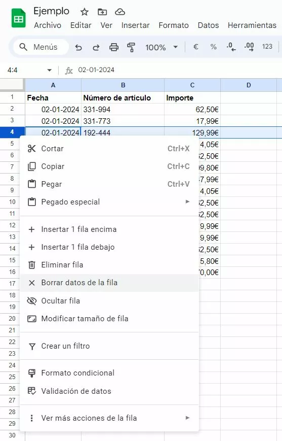 Captura de pantalla del menú desplegable en Google Sheets