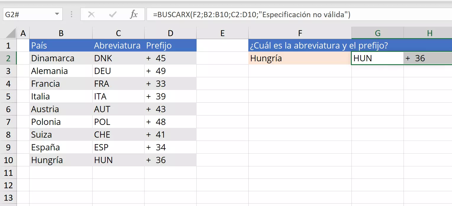 Excel: ejemplo del uso de la función BUSCARX para obtener dos valores en una sola búsqueda