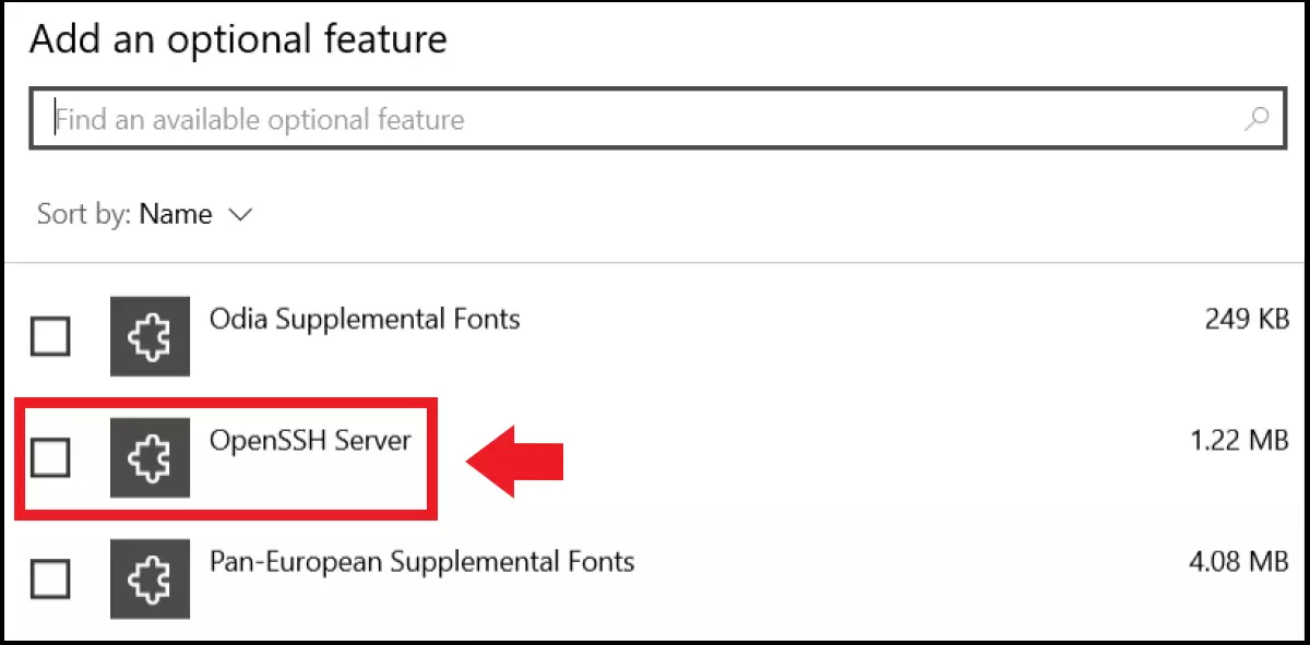 La instalación de un servidor OpenSSH en “Agregar una característica” de Windows