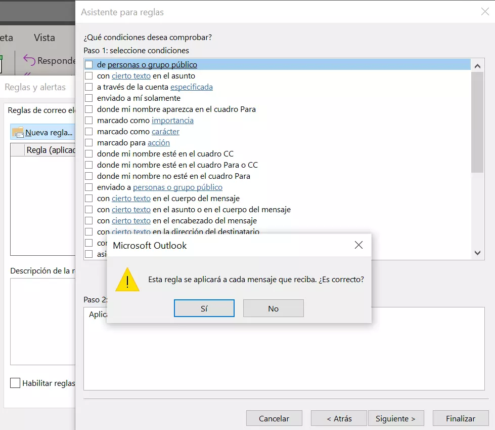 Outlook 365: asistente de reglas - condiciones de las reglas de la bandeja de entrada