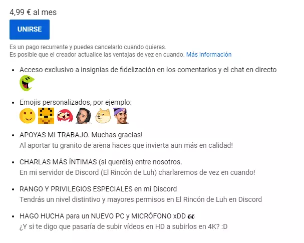 Ejemplo de un plan de recompensas para los patrocinadores de YouTube