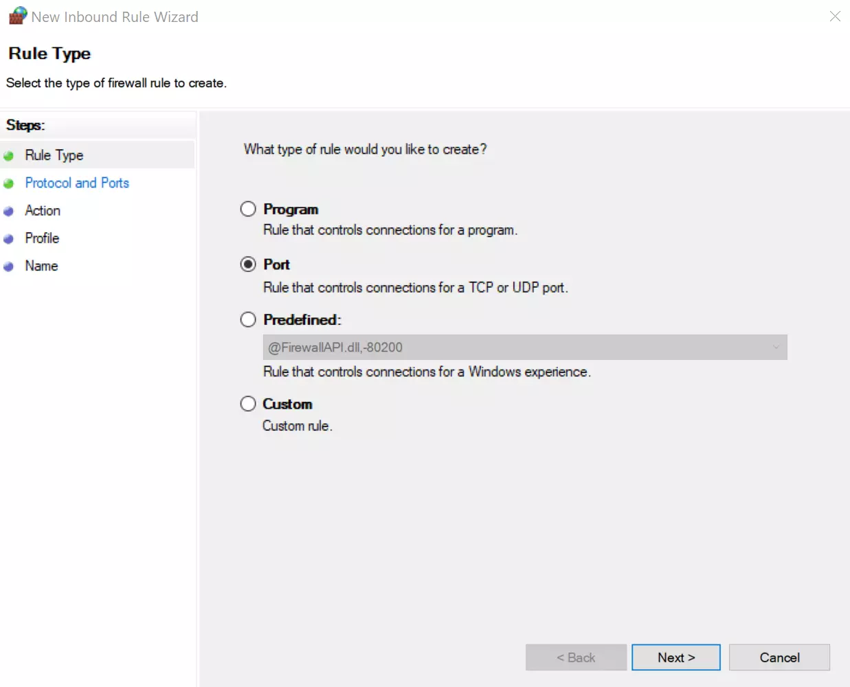 Windows Defender Firewall: seleccionar regla de puerto