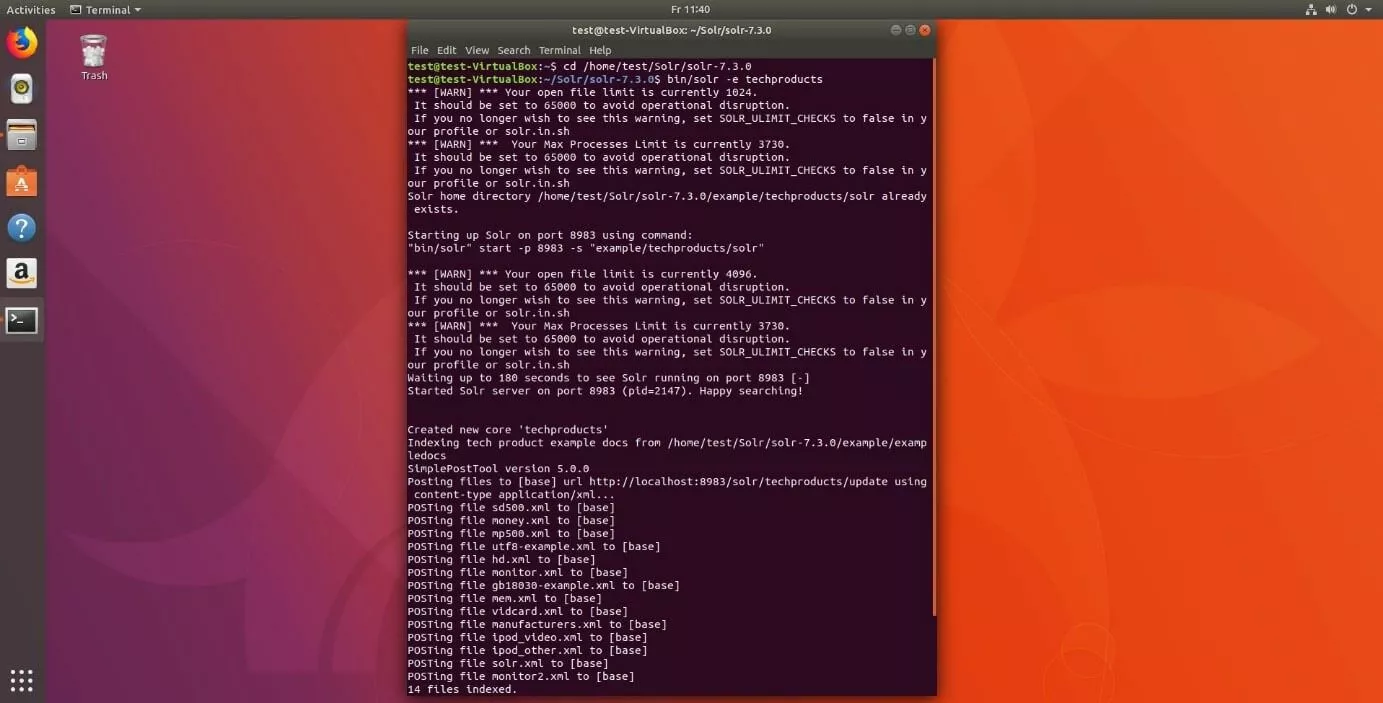 Línea de comandos en Ubuntu 17. “bin/solr –e techproducts” inicia una versión de prueba con datos y ajustes por defecto.