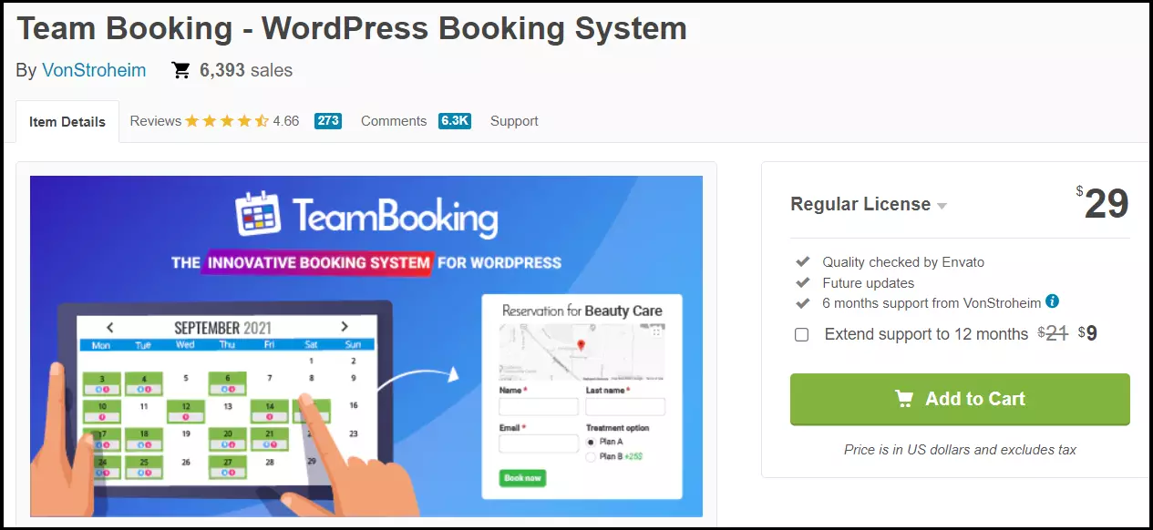 La página web del plugin Team Booking