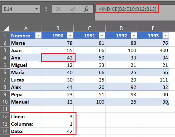 Tabla en Excel con función INDICE sencilla