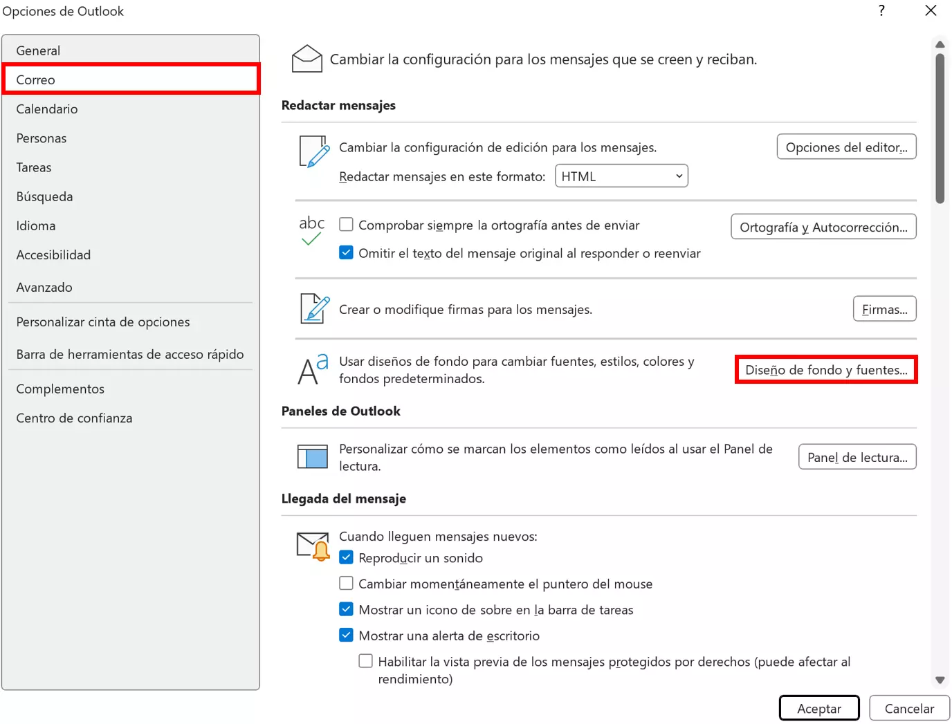 Botón “Diseño de fondo y fuentes…” en las Opciones de Outlook