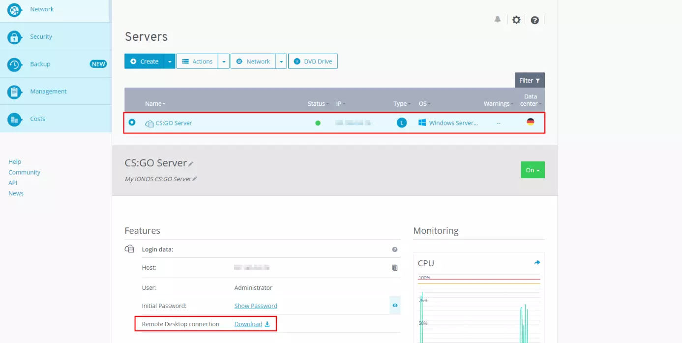 Cloud Panel de IONOS: información sobre el servidor