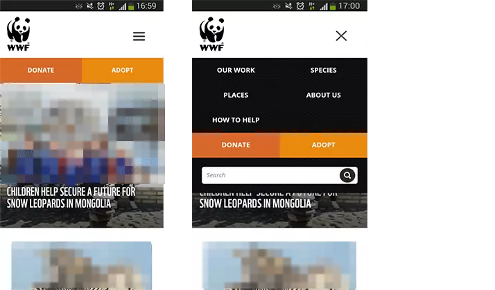 Ejemplo menú de navegación en cuadrícula, WWF