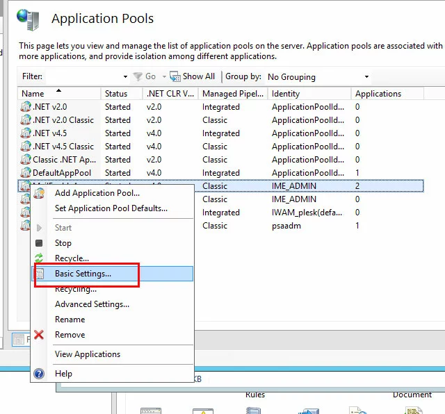 IIS Manager, Application Pools: menú contextual, “Basic settings”