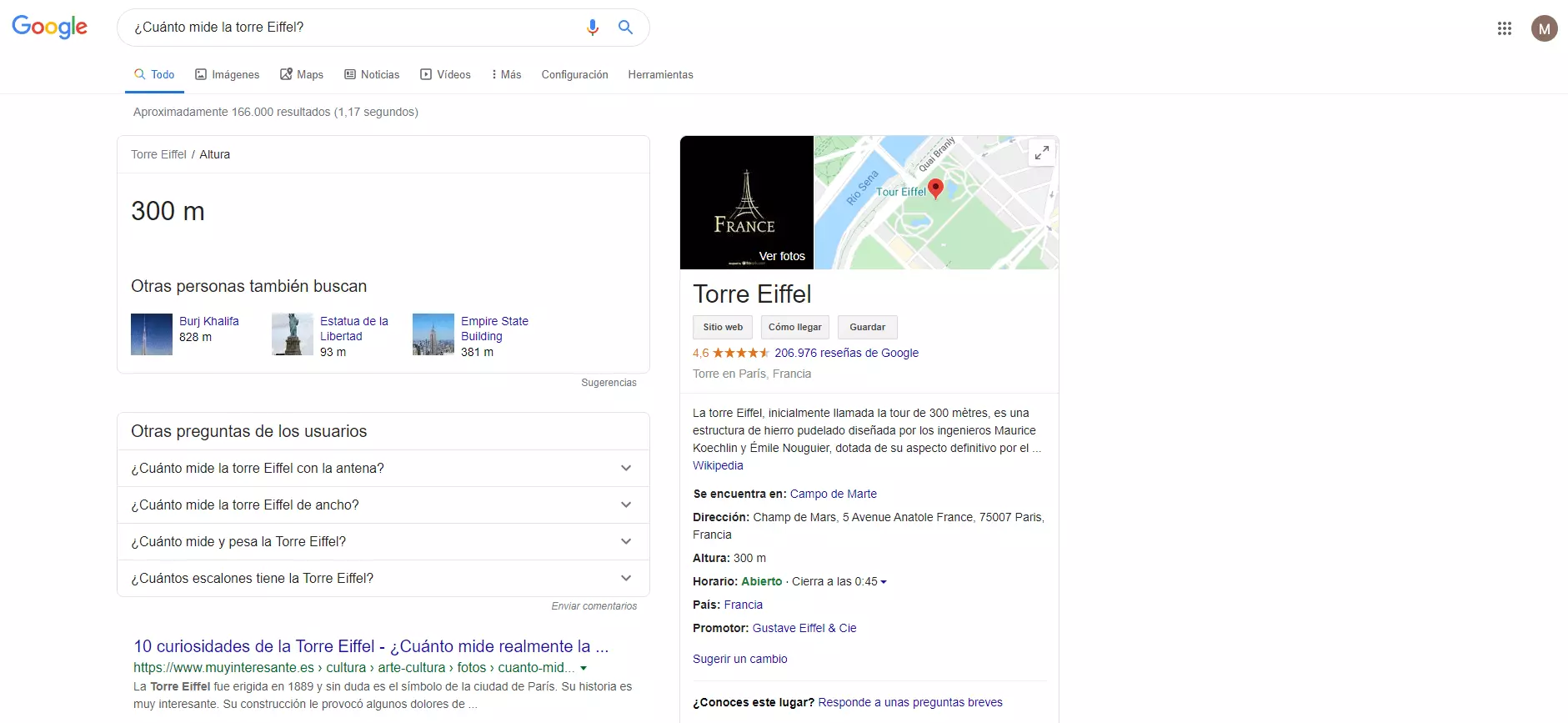 Cuadro de respuesta de un Knowledge Graph a la pregunta “¿Cuánto mide la Torre Eiffel?”