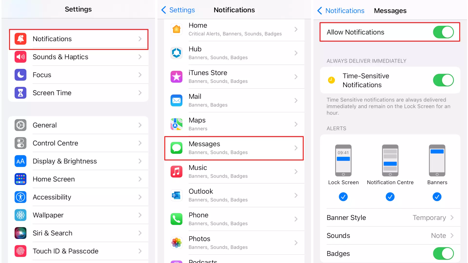 Ajustes de la aplicación para las notificaciones en los dispositivos Apple