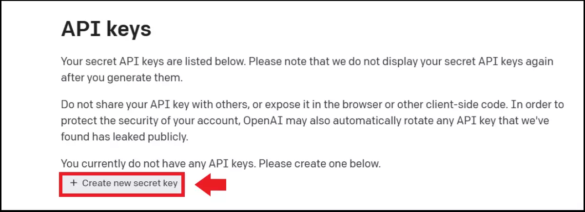 La opción Create new secret key del menú de claves API