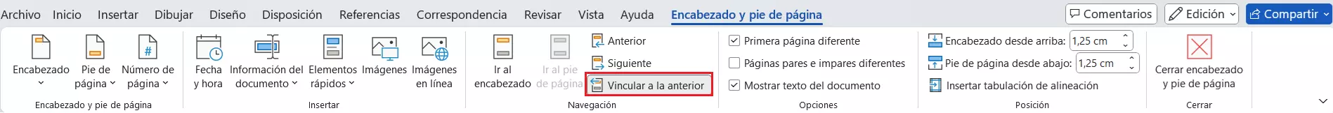 En Word, puedes vincular el pie de página y el encabezado