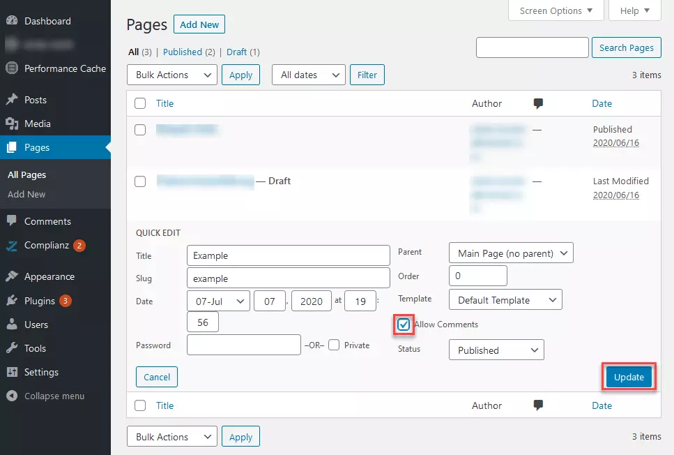 Campo de edición rápida en “Páginas” con opciones de configuración “Permitir comentarios” 