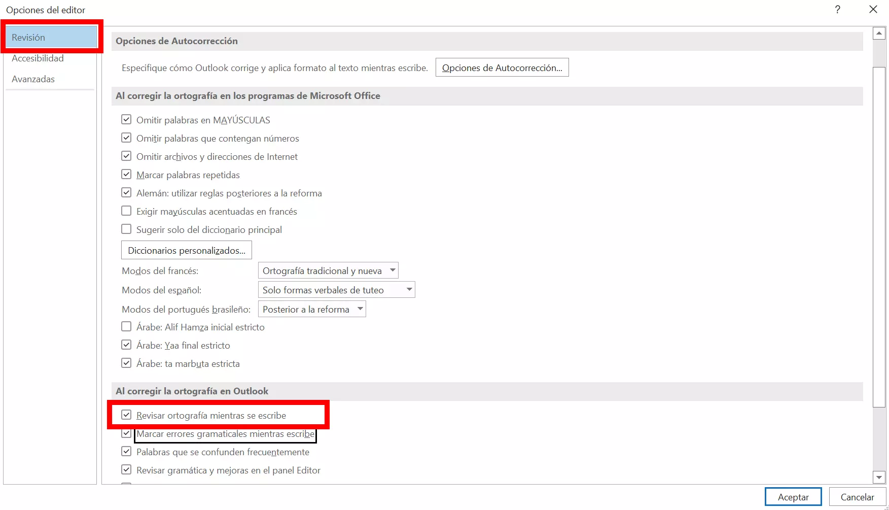 Opciones del editor de Outlook: “Revisión”