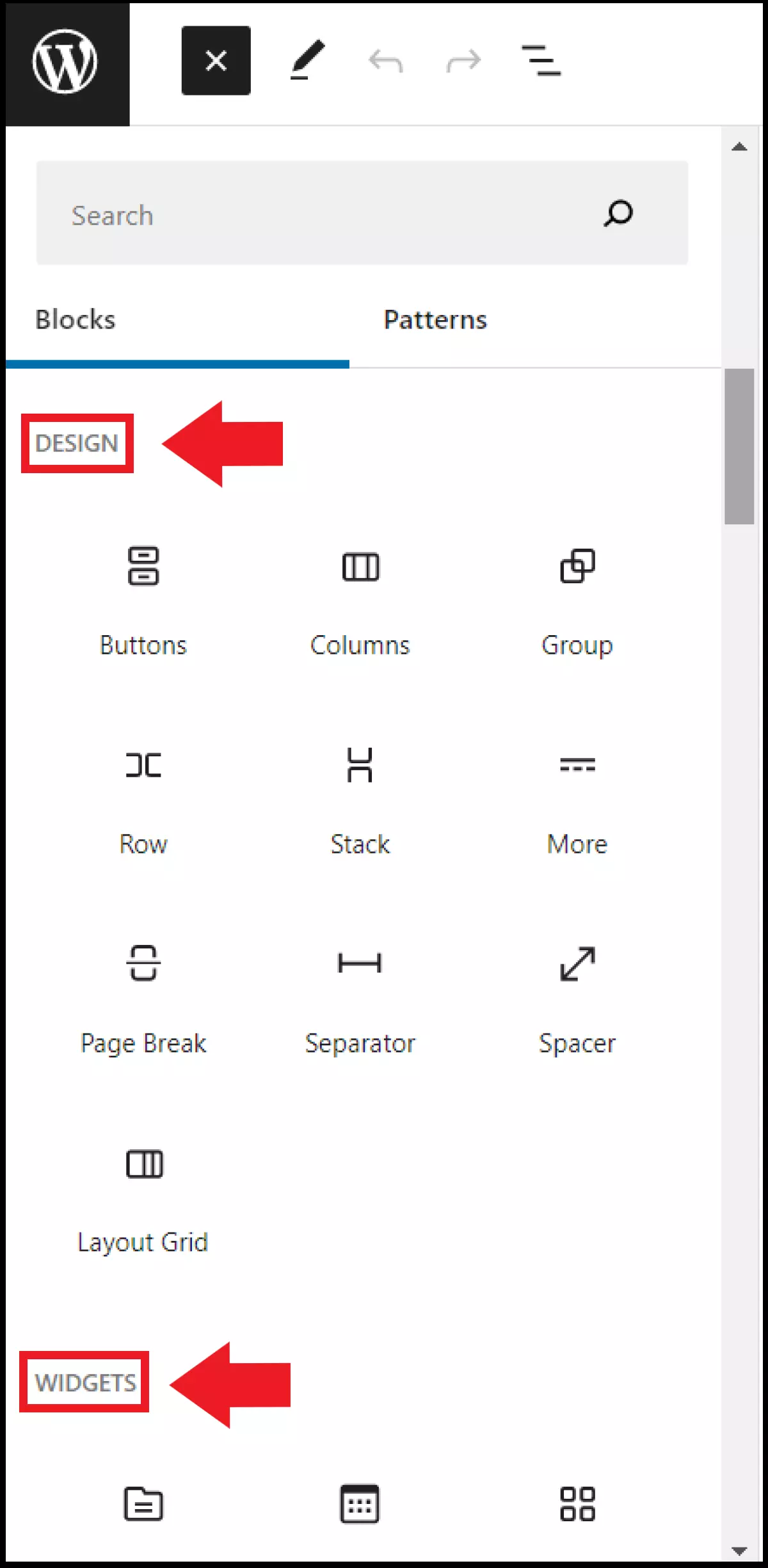 Secciones de “Diseño” y “Widgets” del menú de edición