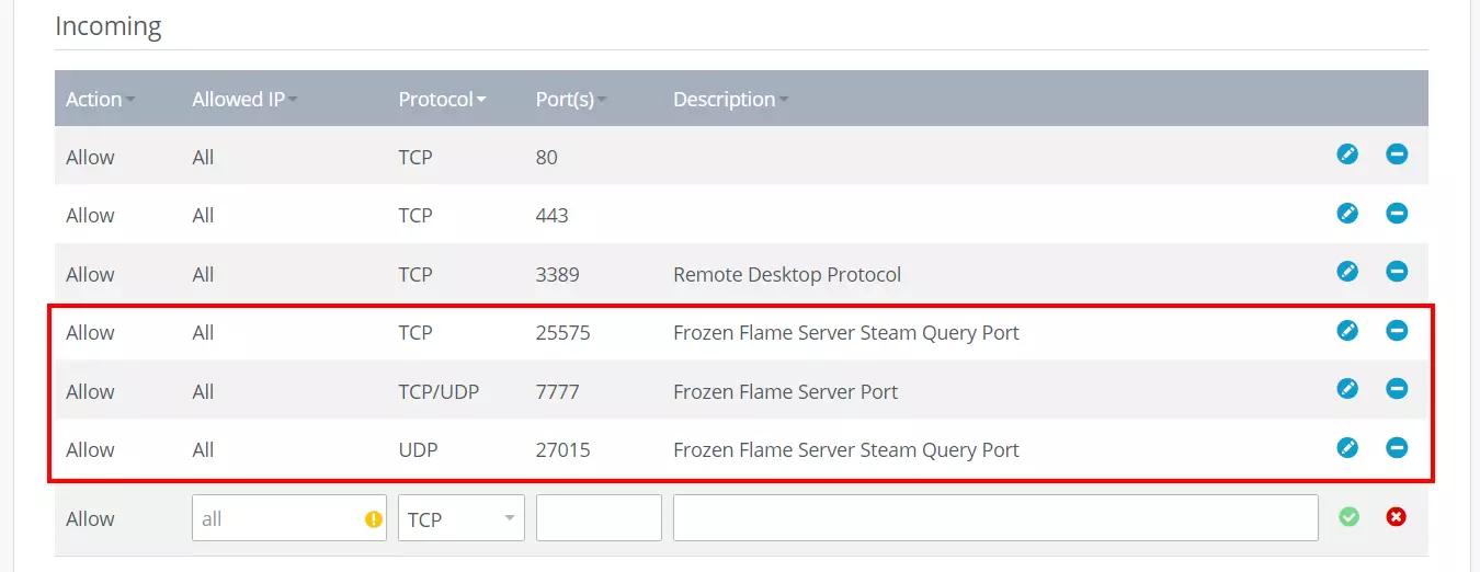 Frozen Flame: abrir puertos en el Cloud Panel de IONOS