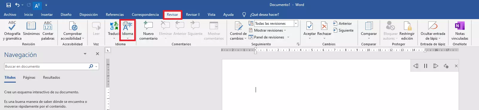 Menú de Word “Revisar” con la opción “Idioma”